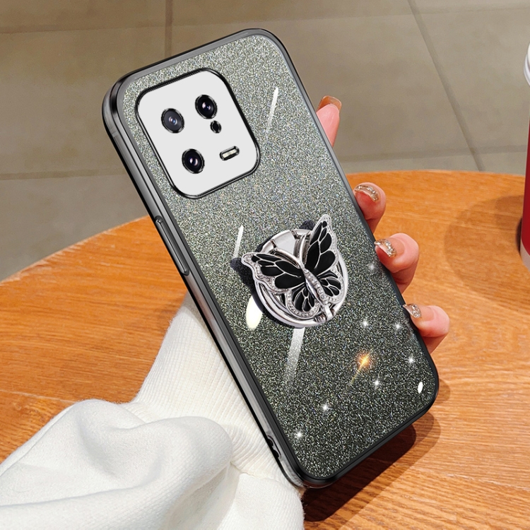 

For Xiaomi 13 Plated Gradient Glitter Butterfly Holder TPU Phone Case(Black)