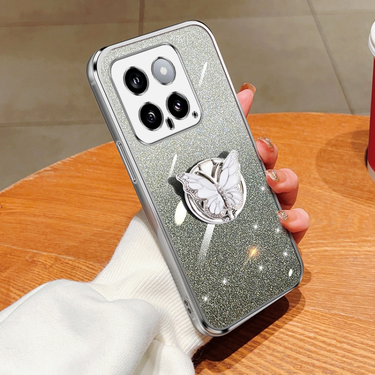 

For Xiaomi 14 Plated Gradient Glitter Butterfly Holder TPU Phone Case(Silver)