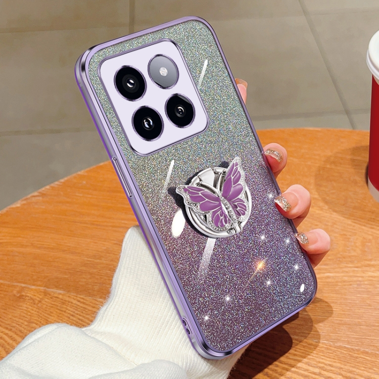 

For Xiaomi 14 Pro Plated Gradient Glitter Butterfly Holder TPU Phone Case(Purple)