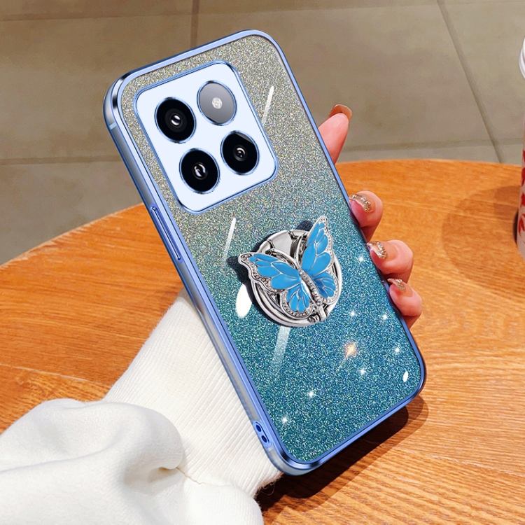 

For Xiaomi 14 Pro Plated Gradient Glitter Butterfly Holder TPU Phone Case(Sierra Blue)