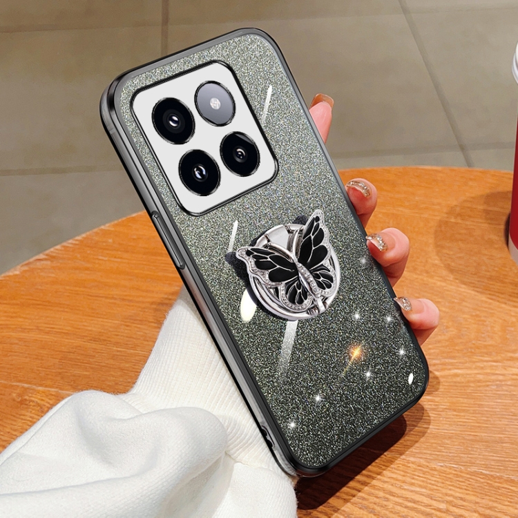 

For Xiaomi 14 Pro Plated Gradient Glitter Butterfly Holder TPU Phone Case(Black)