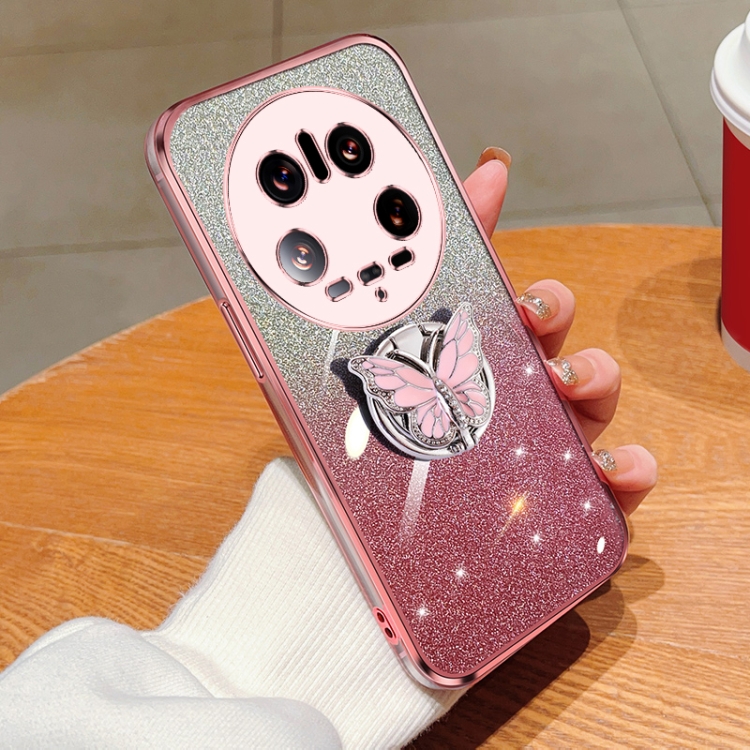 

For Xiaomi 14 Ultra Plated Gradient Glitter Butterfly Holder TPU Phone Case(Pink)