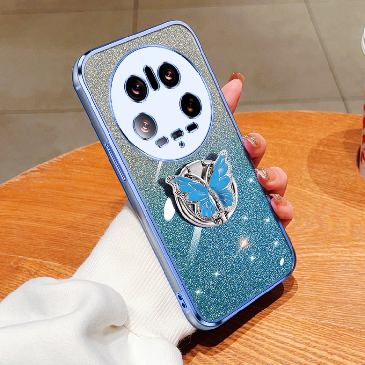 

For Xiaomi 14 Ultra Plated Gradient Glitter Butterfly Holder TPU Phone Case(Sierra Blue)
