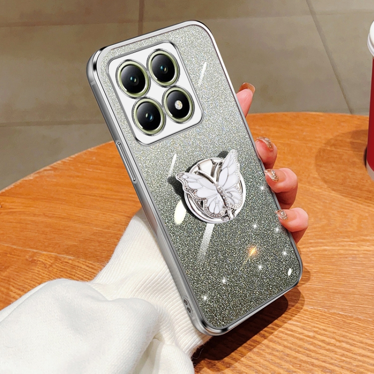 

For Xiaomi 14T Plated Gradient Glitter Butterfly Holder TPU Phone Case(Silver)