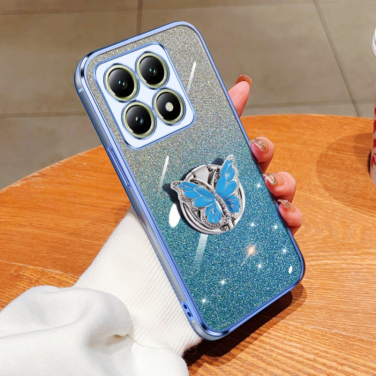

For Xiaomi 14T Plated Gradient Glitter Butterfly Holder TPU Phone Case(Sierra Blue)