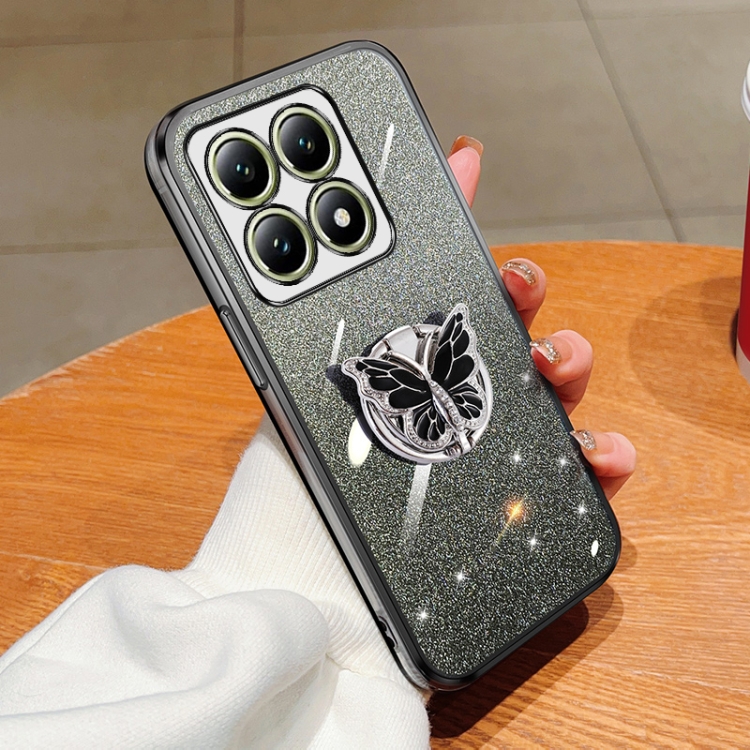 

For Xiaomi 14T Plated Gradient Glitter Butterfly Holder TPU Phone Case(Black)