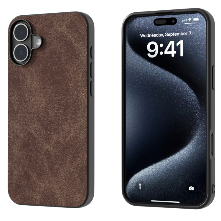 

For iPhone 16 Black Frame PU Leather Full Coverage Phone Case(Coffee)