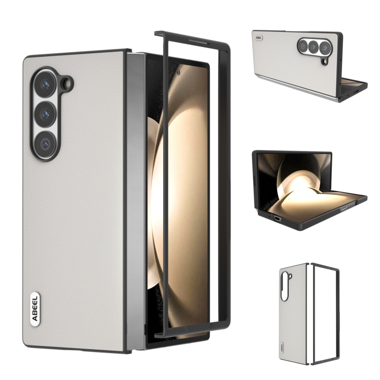 

For Samsung Galaxy Z Fold6 ABEEL Black Frame Genuine Leather Elegant Phone Case(White)