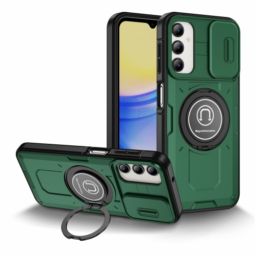 

For Samsung Galaxy A15 Sliding Camshield TPU Hybrid PC Magnetic Holder Phone Case(Dark Green)