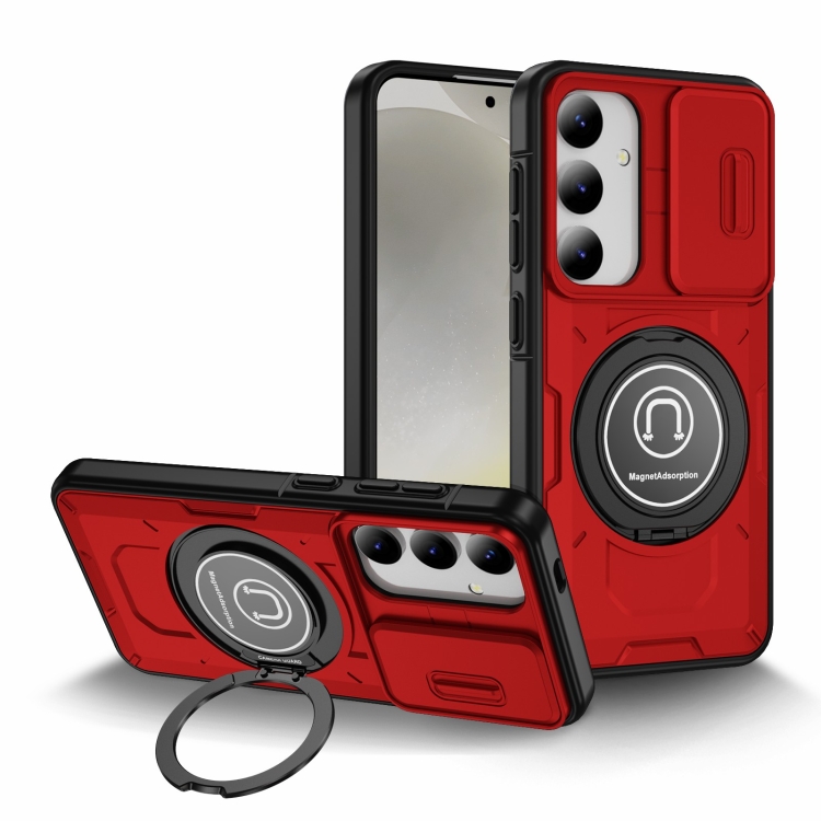 

For Samsung Galaxy S24 5G Sliding Camshield TPU Hybrid PC Magnetic Holder Phone Case(Red)