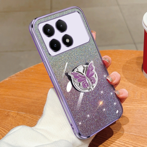 

For Redmi K70E Plated Gradient Glitter Butterfly Holder TPU Phone Case(Purple)