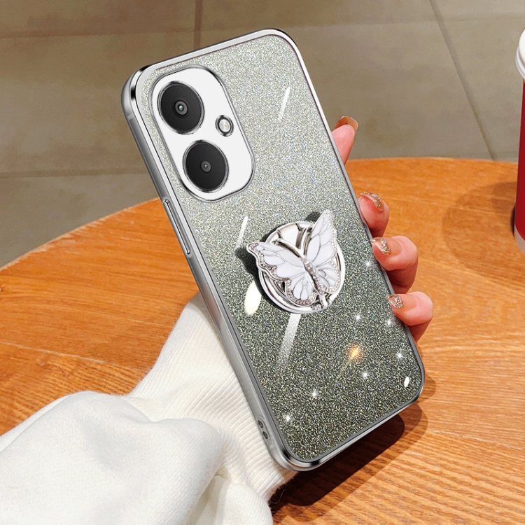 

For Redmi 13C 5G Plated Gradient Glitter Butterfly Holder TPU Phone Case(Silver)