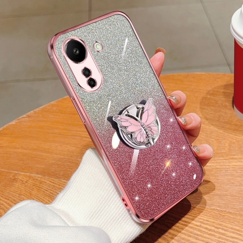 

For Redmi 13C Plated Gradient Glitter Butterfly Holder TPU Phone Case(Pink)