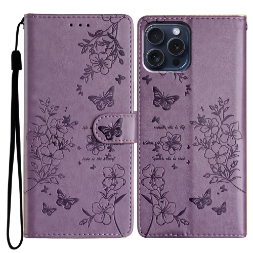 

For iPhone 16 Pro Butterflies and Flowers Leather Phone Case(Purple)