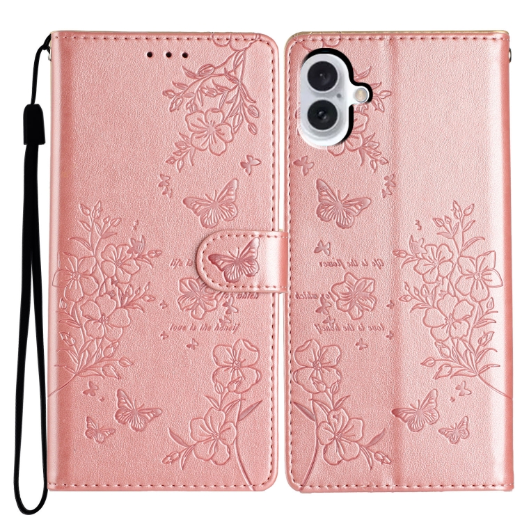 

For iPhone 16 Plus Butterflies and Flowers Leather Phone Case(Rose Gold)