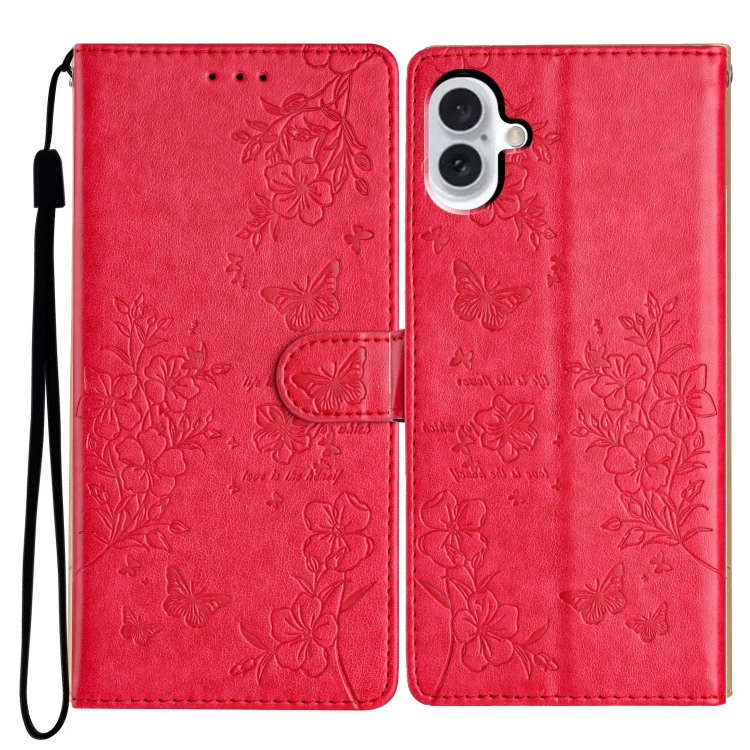 

For iPhone 16 Butterflies and Flowers Leather Phone Case(Red)