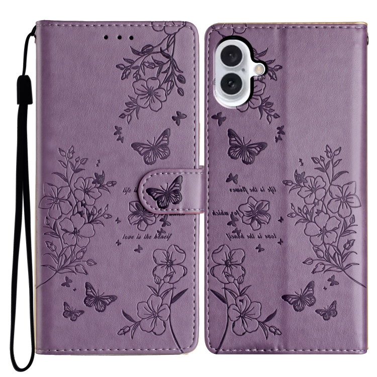 

For iPhone 16 Butterflies and Flowers Leather Phone Case(Purple)