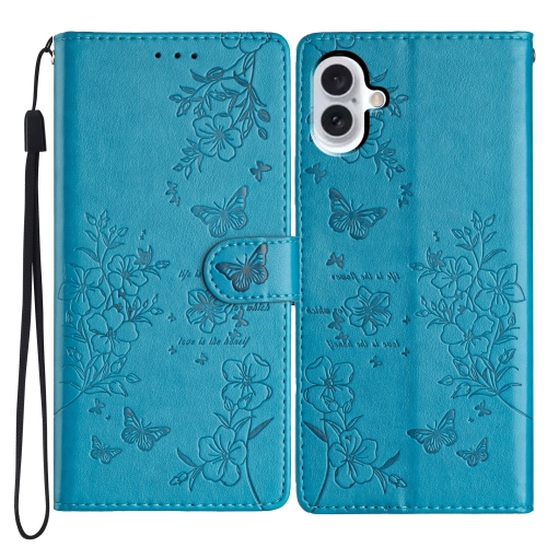 

For iPhone 16 Butterflies and Flowers Leather Phone Case(Blue)