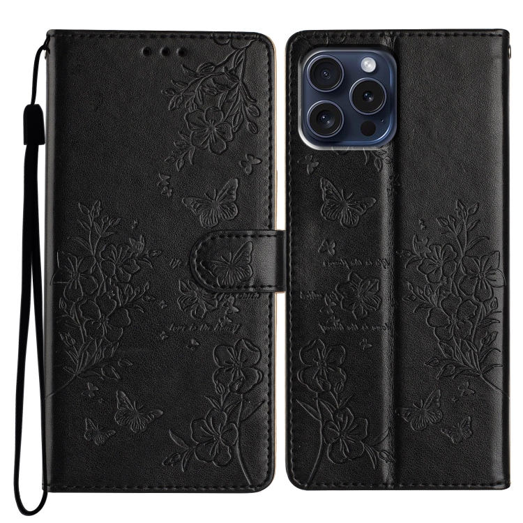 

For iPhone 15 Pro Max Butterflies and Flowers Leather Phone Case(Black)