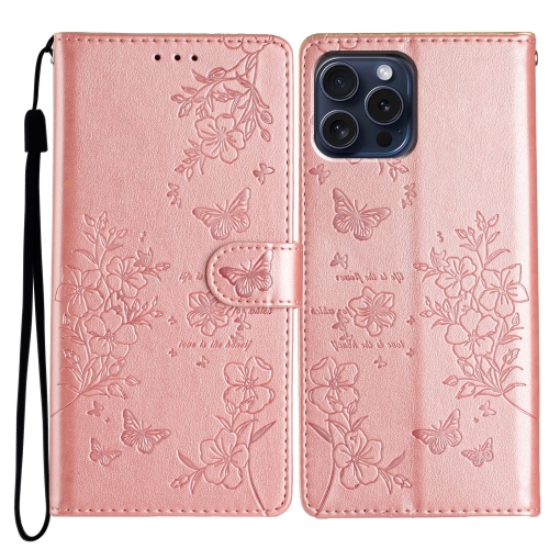 

For iPhone 15 Pro Max Butterflies and Flowers Leather Phone Case(Rose Gold)