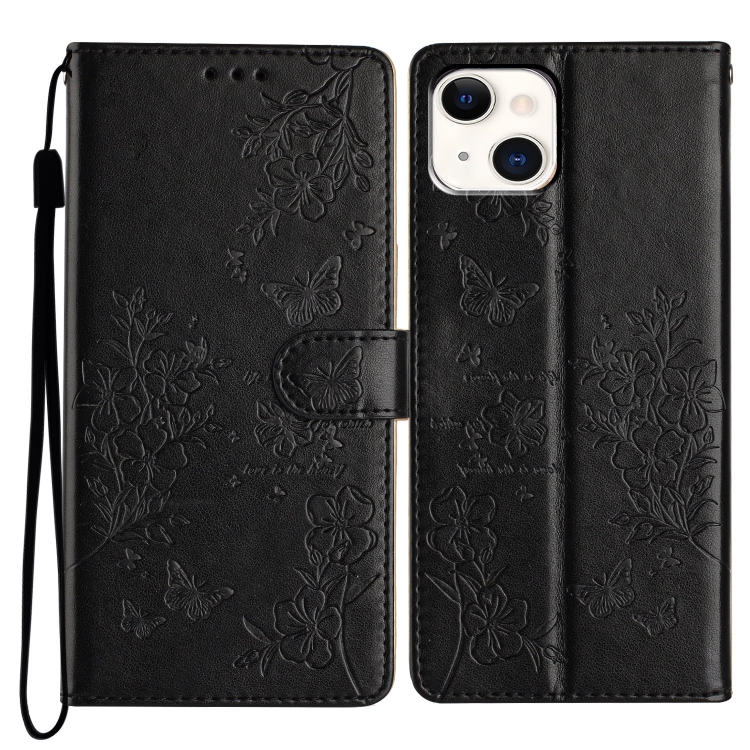 

For iPhone 15 Plus Butterflies and Flowers Leather Phone Case(Black)