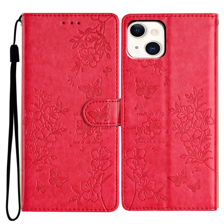 

For iPhone 15 Plus Butterflies and Flowers Leather Phone Case(Red)