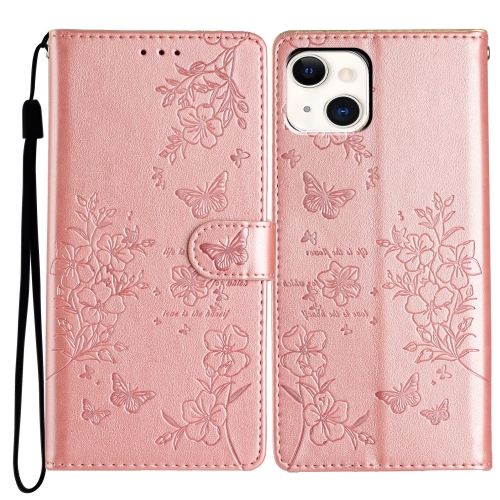 

For iPhone 15 Plus Butterflies and Flowers Leather Phone Case(Rose Gold)