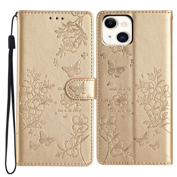

For iPhone 15 Butterflies and Flowers Leather Phone Case(Gold)