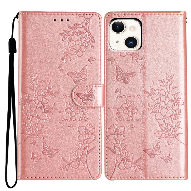 

For iPhone 15 Butterflies and Flowers Leather Phone Case(Rose Gold)