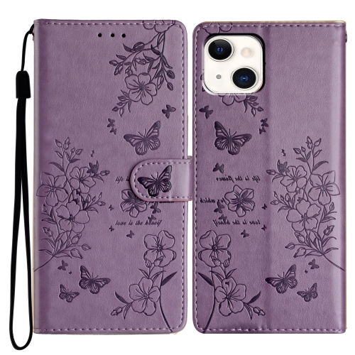 

For iPhone 15 Butterflies and Flowers Leather Phone Case(Purple)