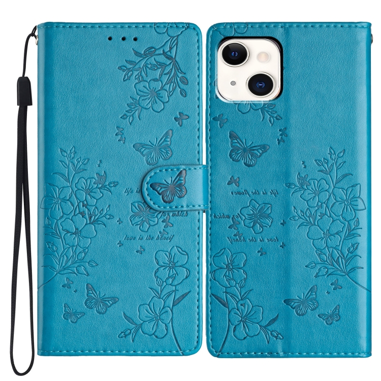 

For iPhone 15 Butterflies and Flowers Leather Phone Case(Blue)