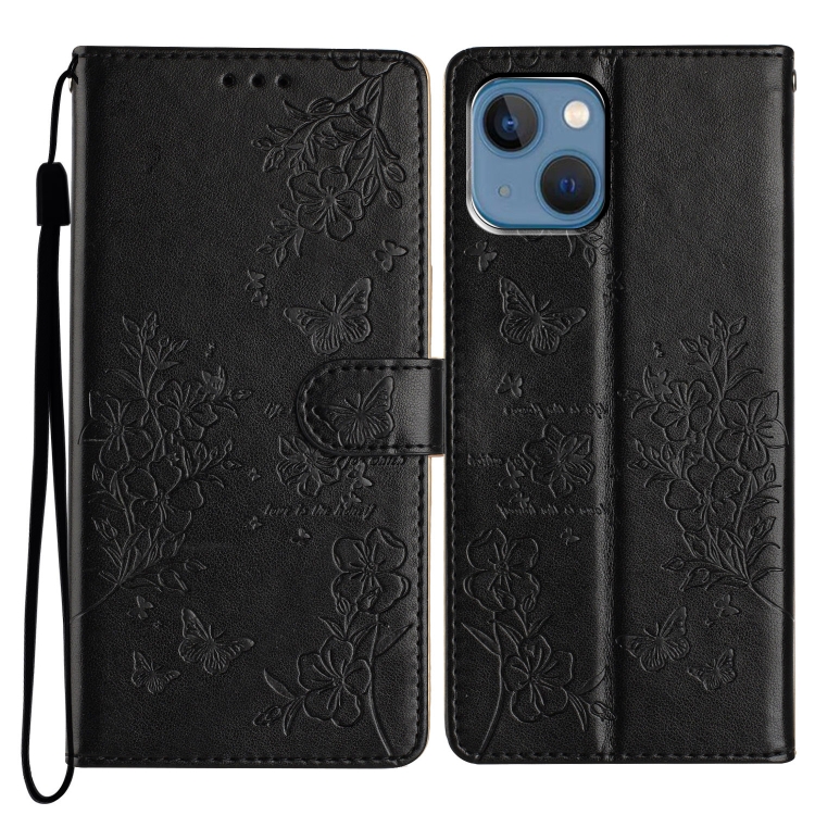 

For iPhone 14 Plus Butterflies and Flowers Leather Phone Case(Black)