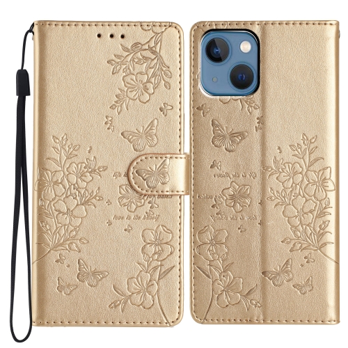 

For iPhone 14 Butterflies and Flowers Leather Phone Case(Gold)