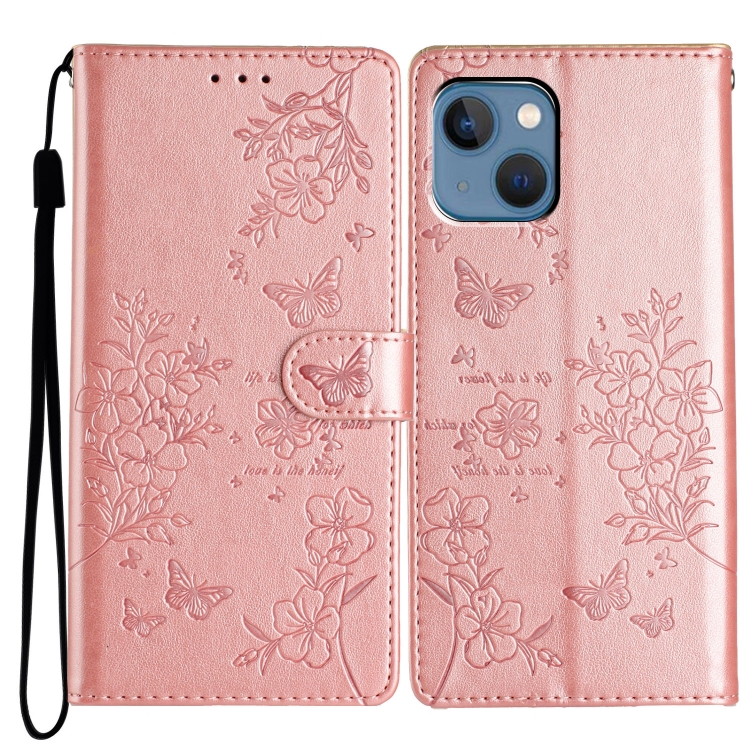 

For iPhone 14 Butterflies and Flowers Leather Phone Case(Rose Gold)