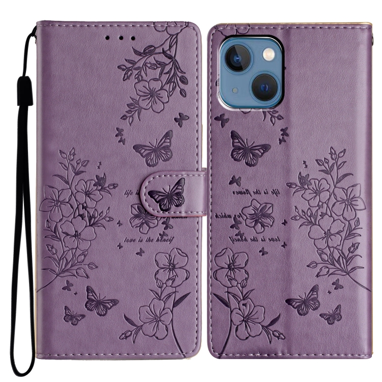 

For iPhone 14 Butterflies and Flowers Leather Phone Case(Purple)