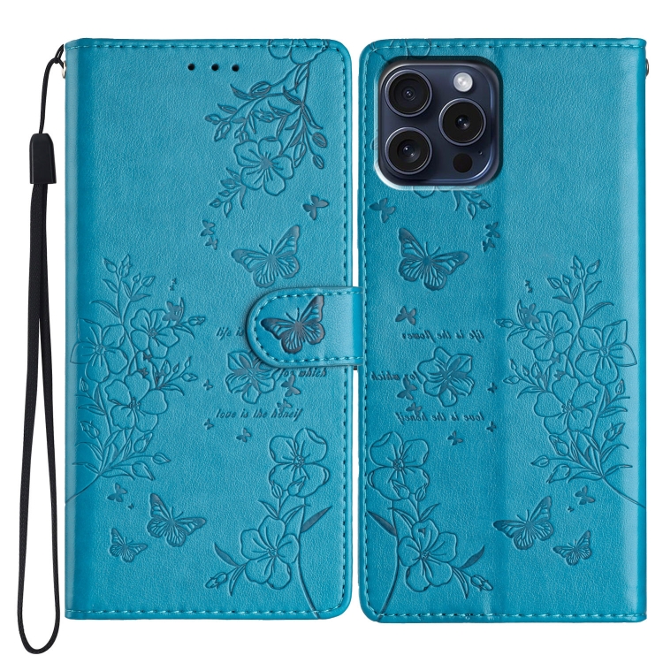 

For iPhone 14 Pro Butterflies and Flowers Leather Phone Case(Blue)