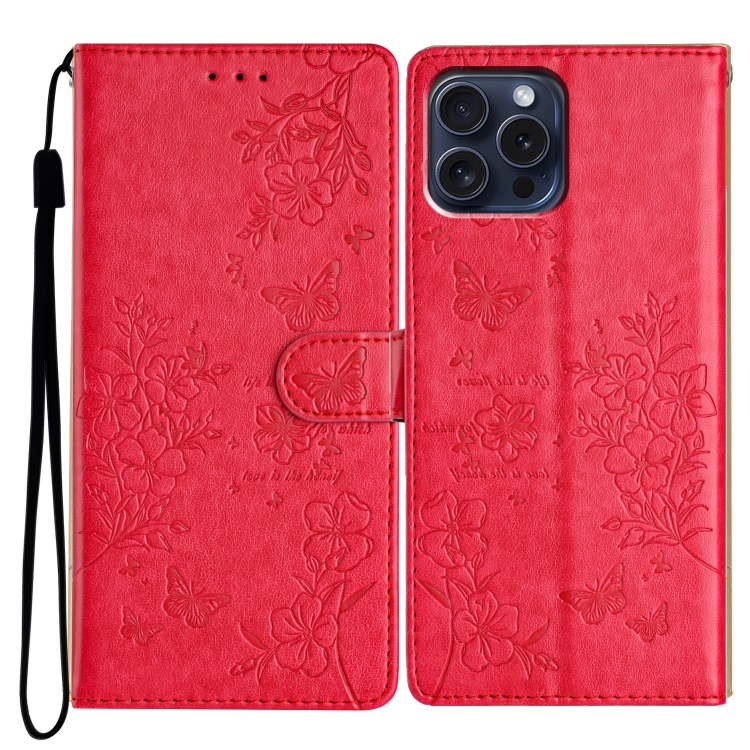 

For iPhone 14 Pro Max Butterflies and Flowers Leather Phone Case(Red)