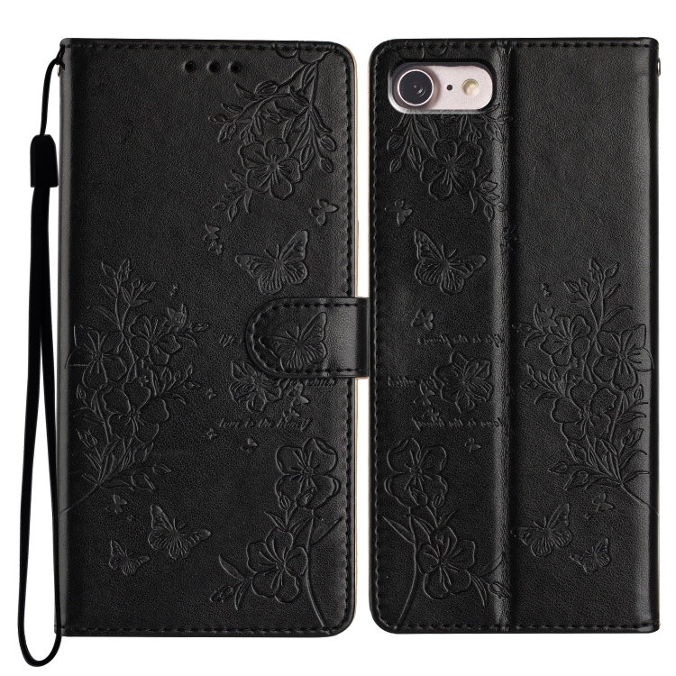 

For iPhone SE 2022 / SE 2020 Butterflies and Flowers Leather Phone Case(Black)