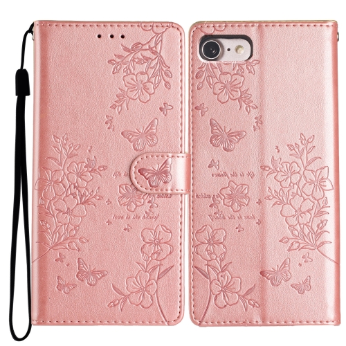 

For iPhone SE 2022 / SE 2020 Butterflies and Flowers Leather Phone Case(Rose Gold)