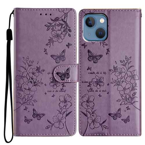 

For iPhone 13 Butterflies and Flowers Leather Phone Case(Purple)