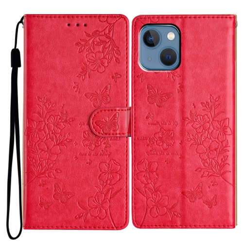 

For iPhone 13 mini Butterflies and Flowers Leather Phone Case(Red)