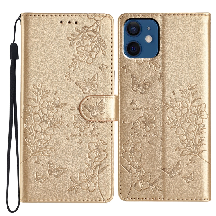 

For iPhone 12 / 12 Pro Butterflies and Flowers Leather Phone Case(Gold)