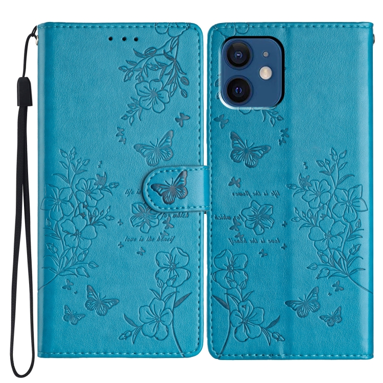 

For iPhone 12 / 12 Pro Butterflies and Flowers Leather Phone Case(Blue)