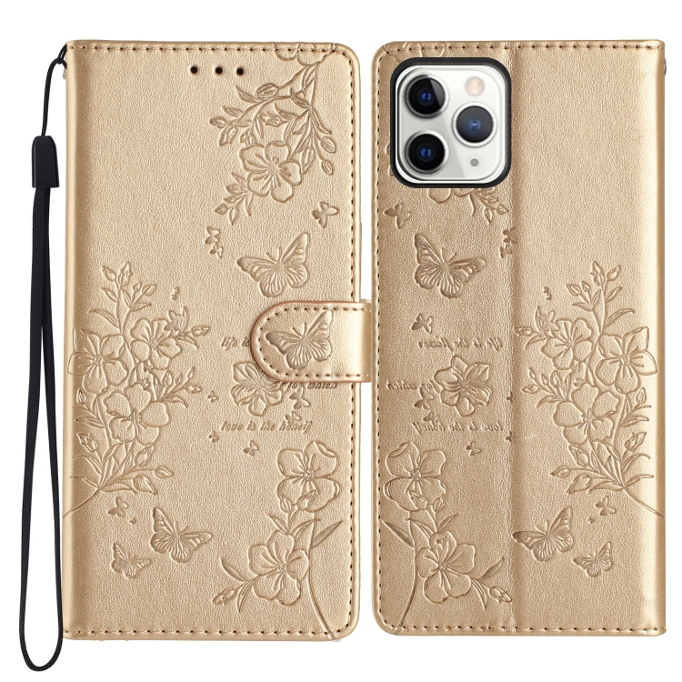 

For iPhone 11 Pro Max Butterflies and Flowers Leather Phone Case(Gold)