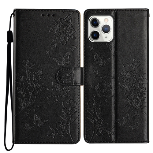 

For iPhone 11 Pro Max Butterflies and Flowers Leather Phone Case(Black)