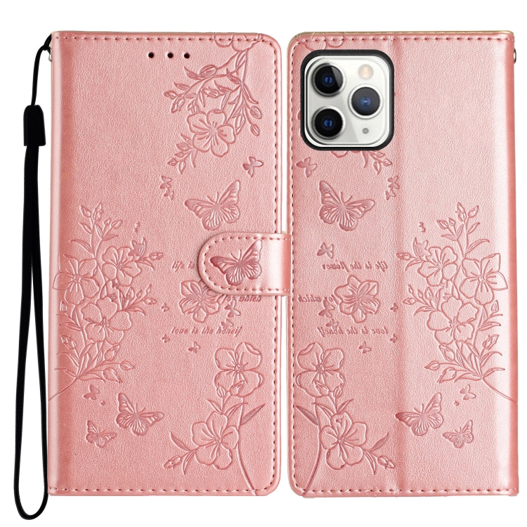 

For iPhone 11 Pro Max Butterflies and Flowers Leather Phone Case(Rose Gold)