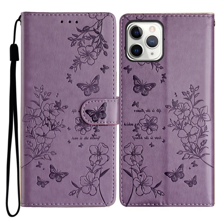 

For iPhone 11 Pro Max Butterflies and Flowers Leather Phone Case(Purple)