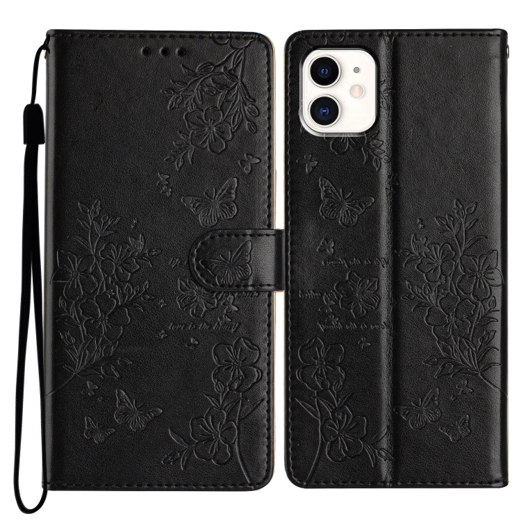

For iPhone 11 Butterflies and Flowers Leather Phone Case(Black)