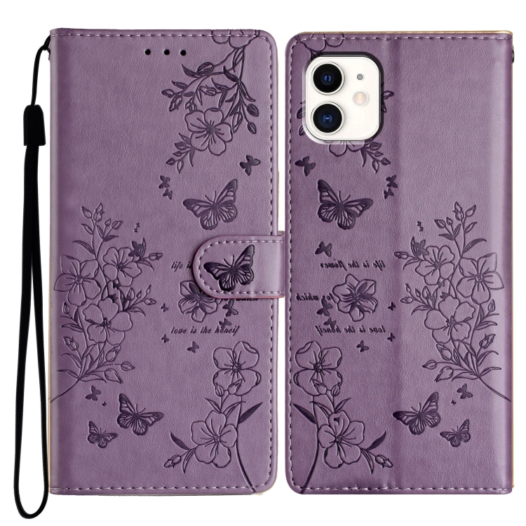 

For iPhone 11 Butterflies and Flowers Leather Phone Case(Purple)