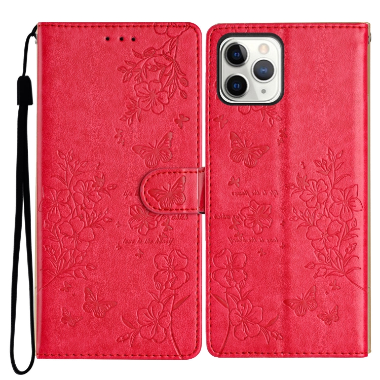 

For iPhone 11 Pro Butterflies and Flowers Leather Phone Case(Red)